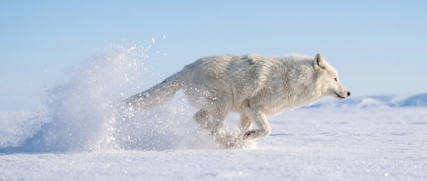 Arctic Wolf on the Run: A majestic white wolf charges across a snow-covered landscape, kicking up a spray of icy powder in its powerful stride, embodying the untamed spirit of the wild.