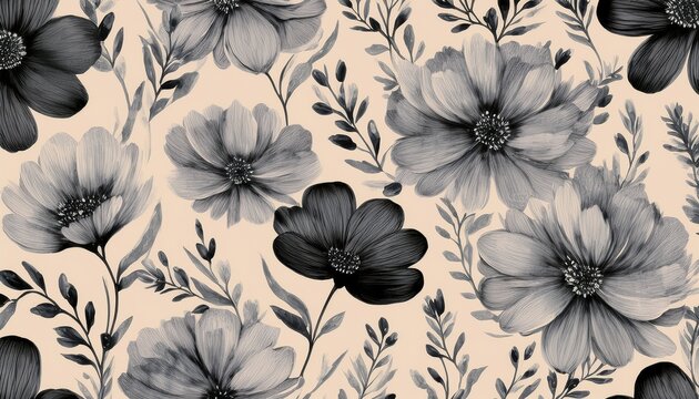 muted watercolor light gray and black flowers on a cream background cute watercolor seamless pattern watercolor print in rustic vintage style textile or wallpapers