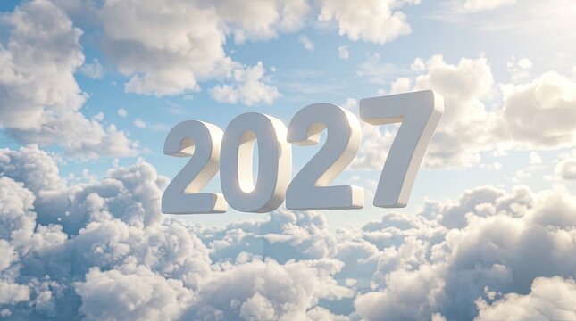 Floating white numbers 2027 in the sky with clouds.
