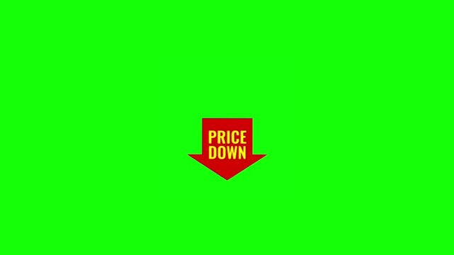 Red Downward Arrow with Price Down Text on Bright Green Background for Sale and Discount Promotion 4K