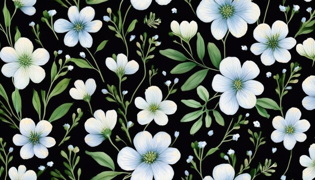 small white flowers on a black background cute watercolor seamless pattern watercolor print in rustic vintage style textile or wallpapers