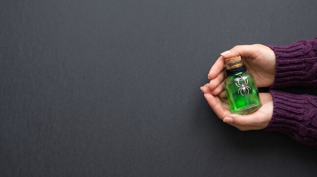 Top view of hands in a purple sweater holding a vintage green magic potion bottle against a dark charcoal textured background. Features massive blank copy space perfect for Halloween banners and text.