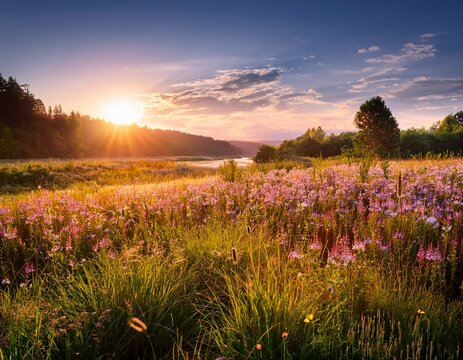 sommer wiese im abendlicht