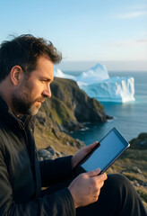 Fototapeta na wymiar Digital nomad lifestyle and remote work, man using tablet computer in arctic landscape with iceberg and ocean view for travel and technology