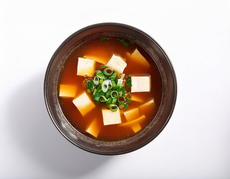 top view of a tasty bowl of tofu miso soup on a white background