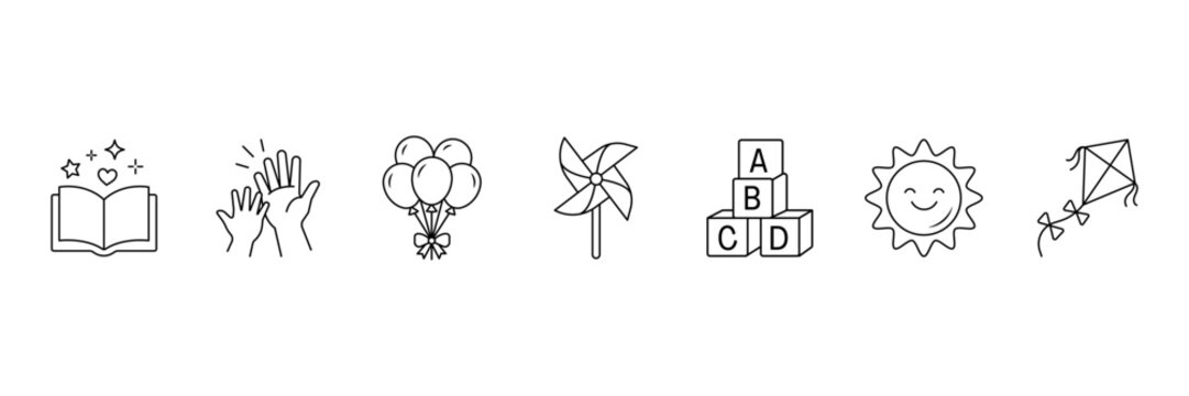International childrens day line icon set with book hands balloons pinwheel blocks sun kite.