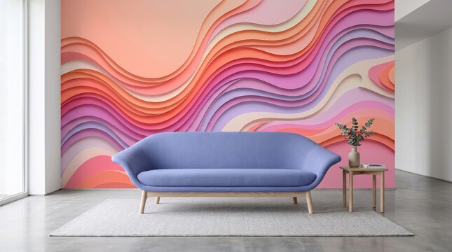 Modern living room interior with abstract wave wall mural, contemporary blue sofa on rug, interior design and home decor concept