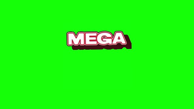 3D white MEGA text with black and red shadow on a vibrant green screen background for video editing