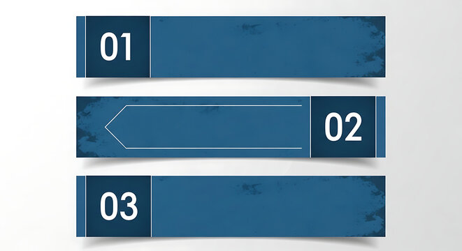 Three blue textured banners with numbers 1, 2, 3 and shadows, ideal for infographics or presentations