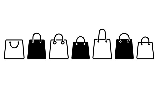 Set of seven diverse shopping bag icons for online store retail and e-commerce interfaces