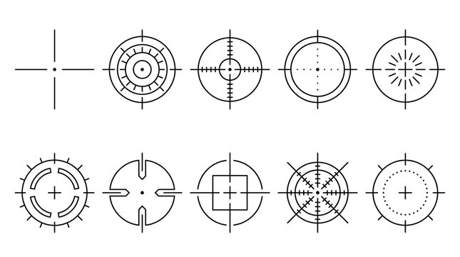 Set of Ten Distinctive Precision Target Crosshair Icons for Tactical Aiming and Scientific Aiming Interface