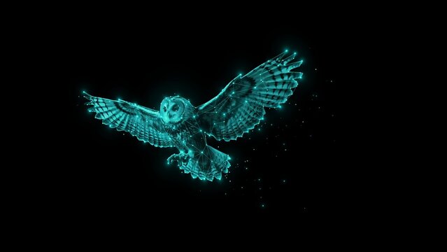 Digital owl futuristic technology concept with glowing polygons and network connections on black background