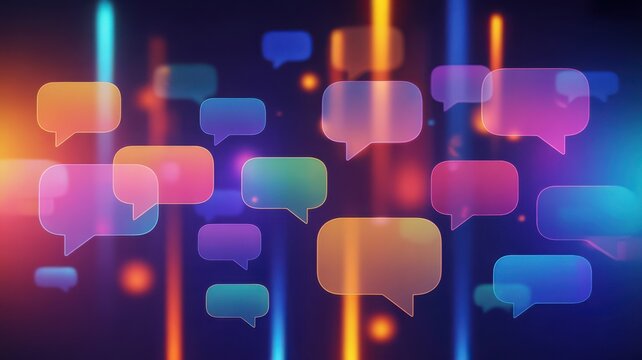 Colorful glass speech bubbles glowing over a dark digital background with light streaks. Ideal for social media and online communication concepts.
