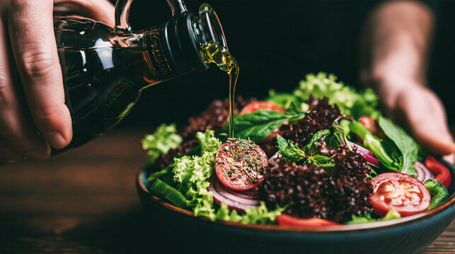 Chef drizzling olive oil over a fresh healthy salad in a wooden kitchen setting with pouring oil