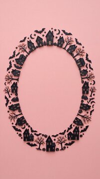 Oval frame silhouette composed of haunted houses, bats, and trees on a pink background.