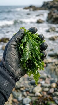 A gloved hand holding a bunch of fresh green sea lettuce seaweed found on a rocky beach by the ocean