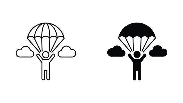 Person parachuting from sky icon in outline and solid black vector styles