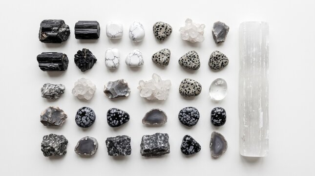 Collection of natural raw crystals and minerals, assorted black and white stones arranged in a grid with a large selenite wand on white background
