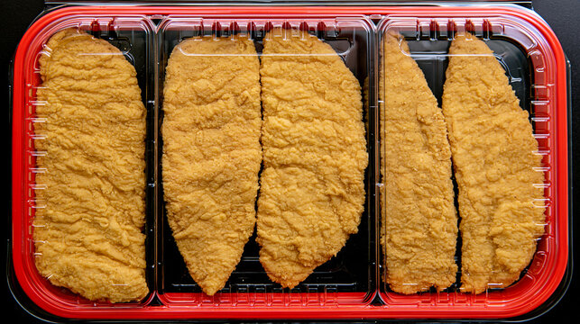 Raw breaded chicken schnitzel cutlets in a red plastic food tray with food packaging