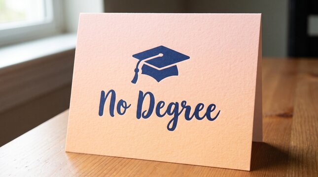 No degree card with graduation cap icon, concept of no education, lack of qualification and career obstacle