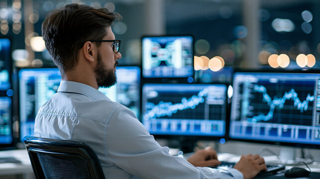 Systems administrator monitoring multiple screens displaying live data pipeline throughput graphs, dark server room