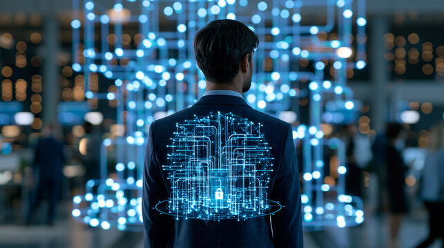 Enterprise data manager overseeing a holographic network of interconnected pipelines feeding into a central secure repository, dark modern office