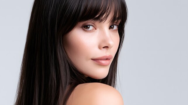 Retrato de Belleza de Mujer Elegante con Piel Perfecta, Maquillaje Natural y Cabello Oscuro para Cosm&eacute;tica y Cuidado Facial