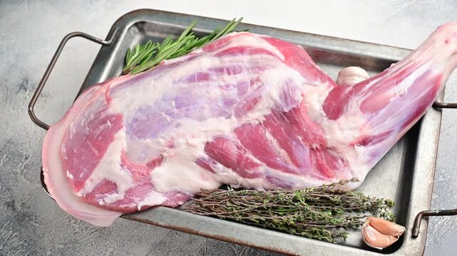 Close-up of a raw bone-in leg of lamb with rosemary thyme and garlic on a handled metal tray over a textured gray tabletop.