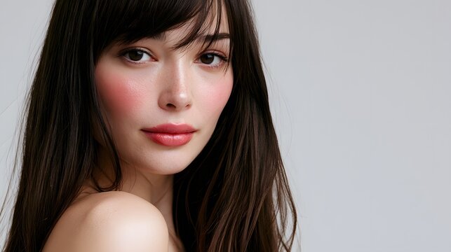 Retrato de Belleza de Mujer Elegante con Piel Perfecta, Maquillaje Natural y Cabello Oscuro para Cosm&eacute;tica y Cuidado Facial