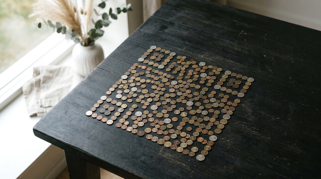 QR code formed with various coins arranged on rustic wooden table