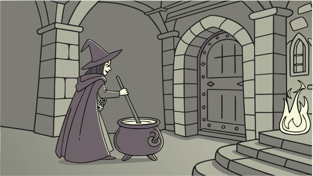 Witch brewing magic potion in cauldron inside ancient stone castle, vector illustration for fantasy concept design