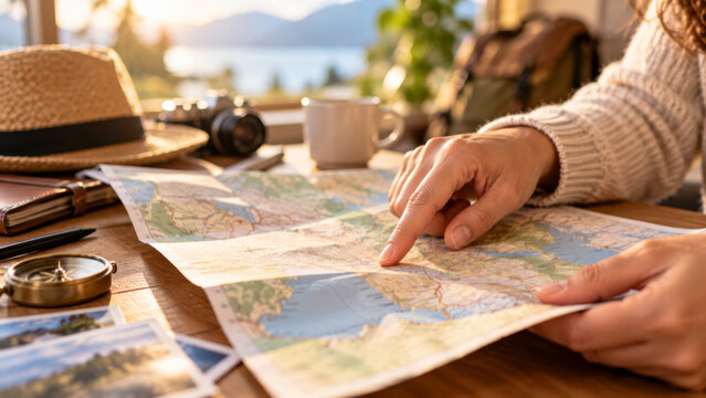 Hands planning a trip by pointing to a map at an outdoor table. Travel itinerary and route navigation. Vacation planning and road trip preparation. Adventure travel and destination discovery