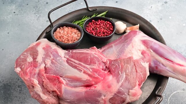 Raw bone-in lamb with rosemary garlic pink salt and red peppercorns in a round handled metal dish on a gray studio background.