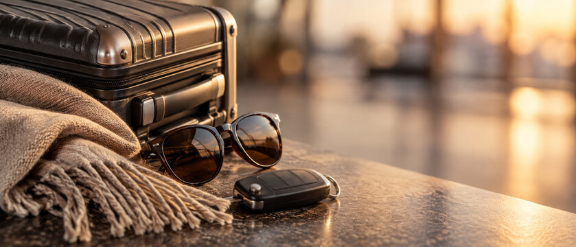 Suitcase, sunglasses and scarf arranged for travel beside a car key on a stone counter. Travel essentials for vacation packing. Holiday getaway and journey planning concept.
