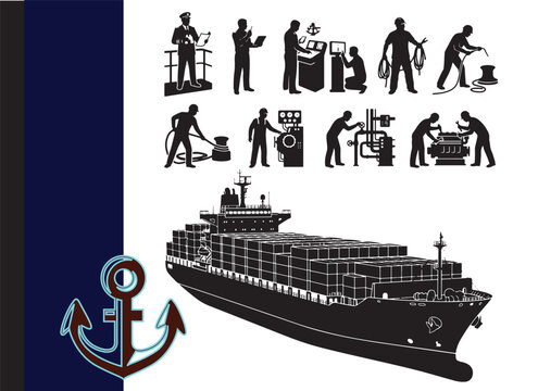 Captain and ship crew silhouette poses