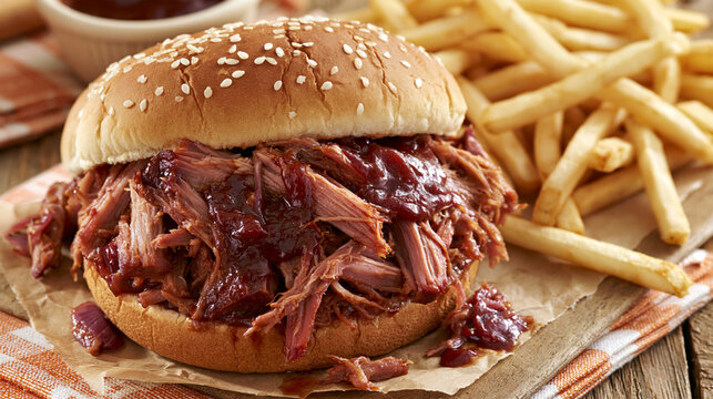 Barbecue pulled pork sandwich on a bun with french fries bbq sauce sesame bun comfort food