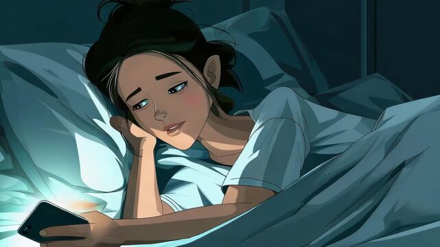 tired sad teenage girl lying in bed looking at her smartphone at night illustrated animation