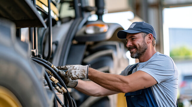 Mechanic in oil-stained work gloves checking hydraulic hoses and fittings on a large farm tractor, open side panel, shallow depth of field, farm workshop interior, soft daylight fr