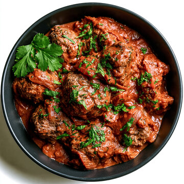 Savory meatballs in rich red tomato sauce garnished with fresh cilantro main course food bowl