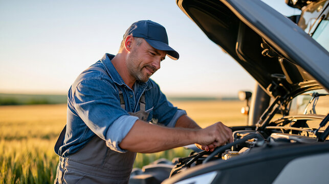 Farm mechanic checking engine oil dipstick on a tractor with the hood raised, golden morning light over a wheat field in the background, rural maintenance routine, medium shot, ope