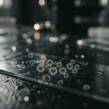 Translucent virus particle models lit from below on a wet dark surface