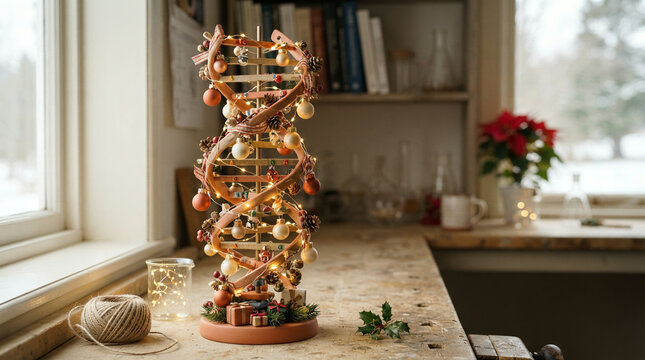 Wooden DNA helix sculpture with fairy lights and clay houses on a workbench