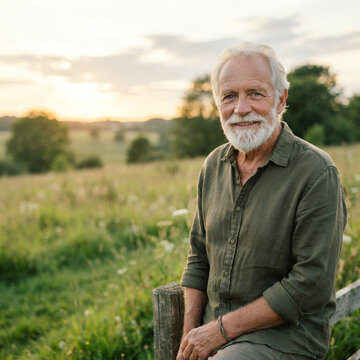 Older man on a wooden fence before a wildflower field at golden sunset