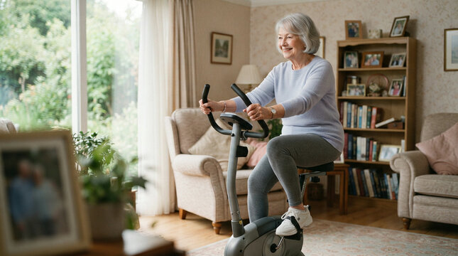 Senior woman in light blue sweater exercising on stationary bike in bright living room setting