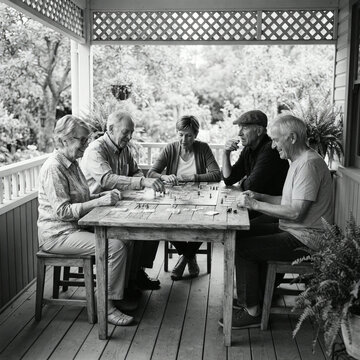 Senior Friends Playing Tile Game Together on Outdoor Porch in Black and White Wide Shot