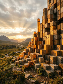 Modern outdoor sculpture of stacked wooden blocks on grassy hillside with distant hikers