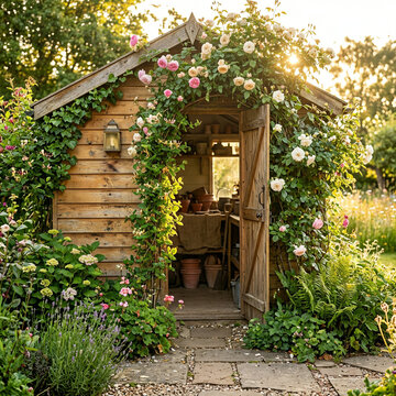 Weathered wooden garden shed with arched doorway surrounded by climbing roses and terracotta pots