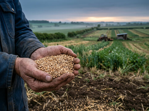Hands holding wheat grains in foreground with tractor barn and fields visible in rural background