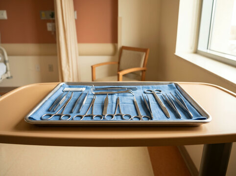 Surgical instrument tray holding assorted forceps scissors clamps on blue cloth in clinical interior