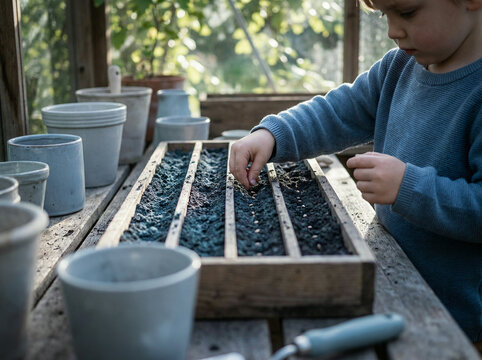 Child planting seeds in wooden tray inside sunlit greenhouse with ceramic pots and soil